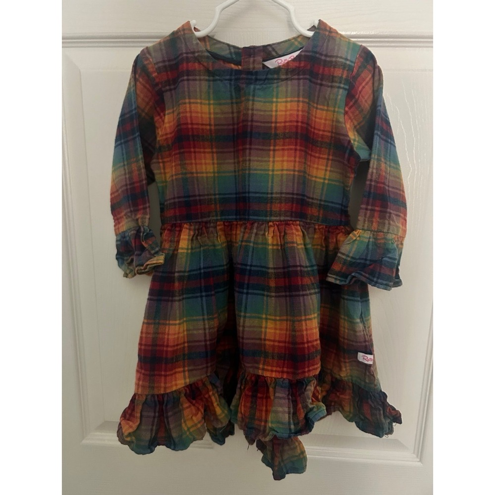 RuffleButts Girls Plaid Ruffle Long Sleeve Dress Size 5 Button Back - Picture 3 of 4
